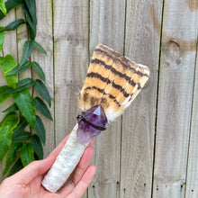 Load image into Gallery viewer, Barn Owl Tail with Amethyst on White Coral Handle