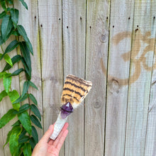 Load image into Gallery viewer, Barn Owl Tail with Amethyst on White Coral Handle