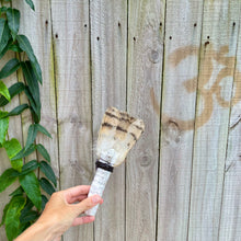 Load image into Gallery viewer, Barn Owl Tail with Amethyst on White Coral Handle