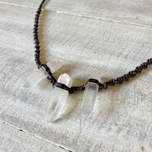 Load image into Gallery viewer, Clear Quartz Trio Choker on Brown Twist