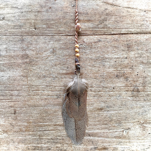 Hair Piece Smokey Quartz, Shell & Buster Feather