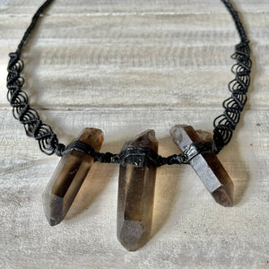 Smokey Quartz Trio Necklace on Black Wave