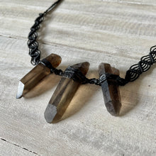 Load image into Gallery viewer, Smokey Quartz Trio Necklace on Black Wave