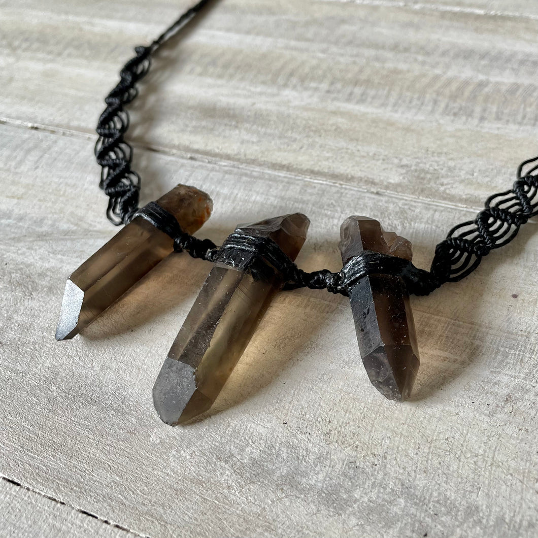 Smokey Quartz Trio Necklace on Black Wave