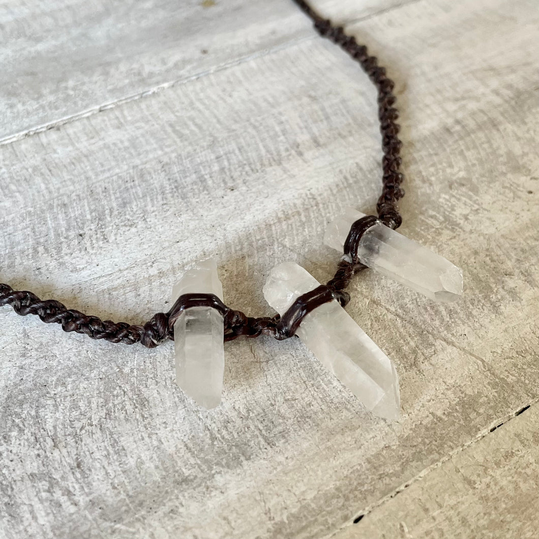 Clear Quartz Trio Choker on Brown Twist