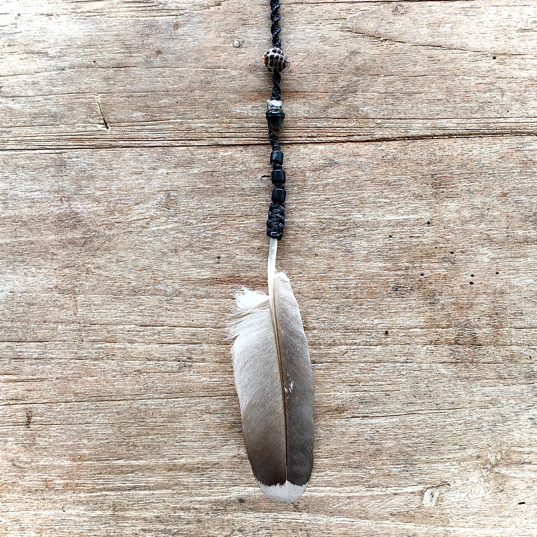 Hair Piece Smokey Quartz, Shell & Feather on Black