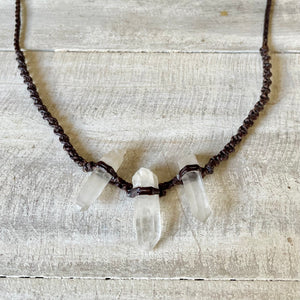 Clear Quartz Trio Choker on Brown Twist