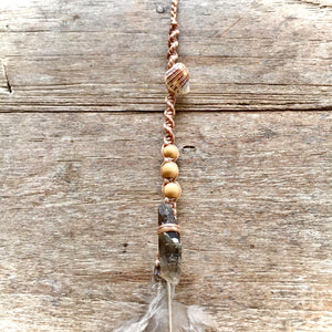 Hair Piece Smokey Quartz, Shell & Buster Feather